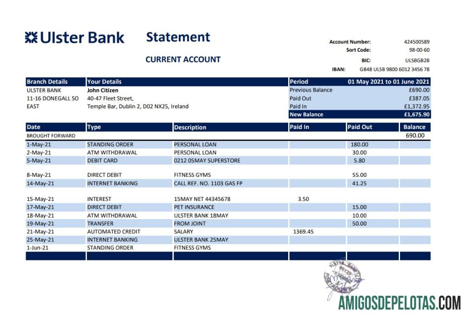 Extrato bancário do Ulster da República da Irlanda para download, modelo fácil de preencher em formato Excel e PDF